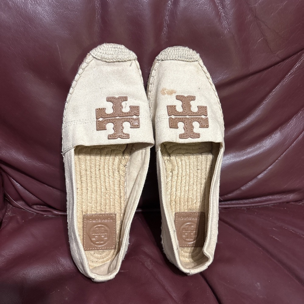 Tory Burch Canvas with  Leather Logo Espadrille Flats Shoes Women Size US 7.5